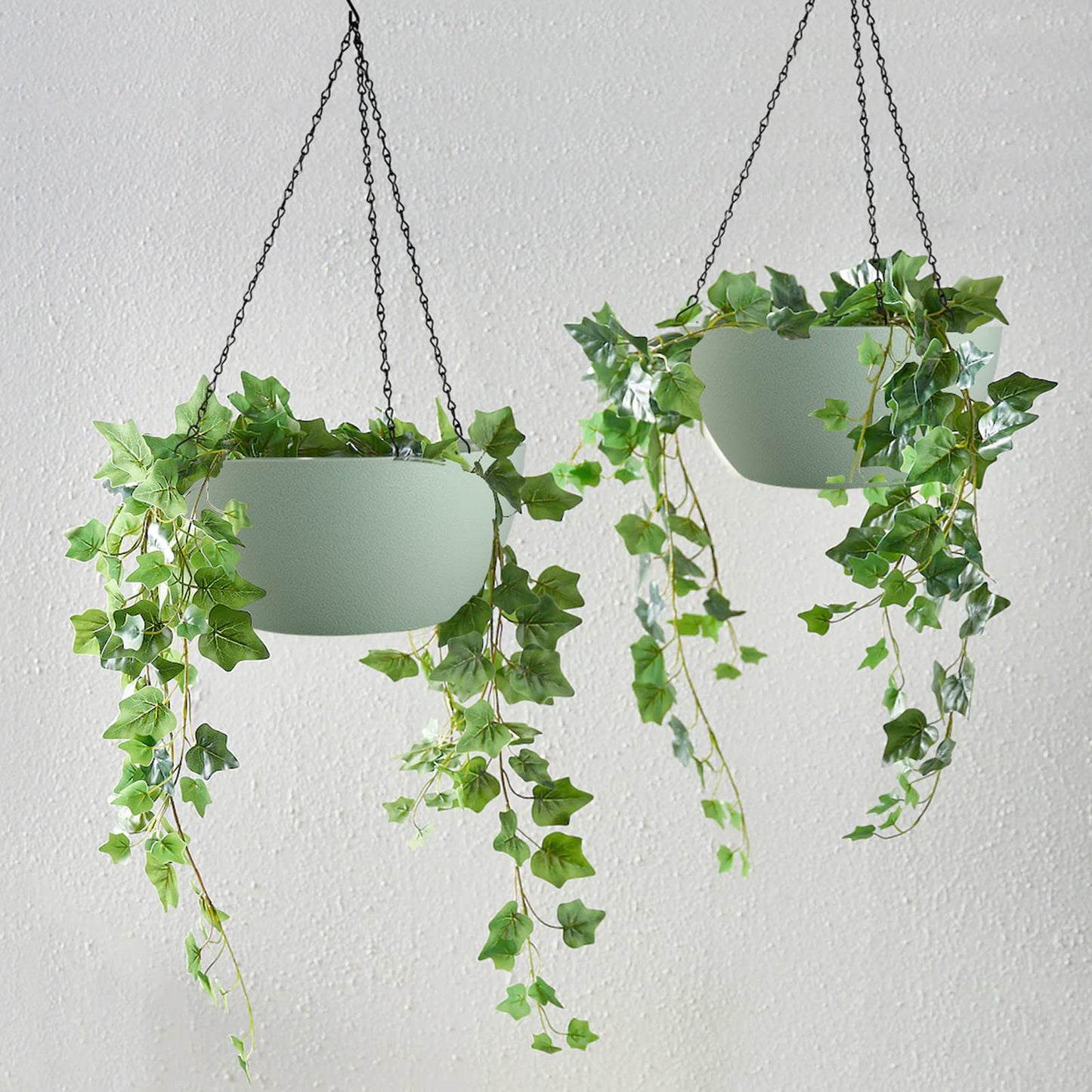 WOUSIWER 13 inch 2 Pack Large Hanging Planters for Indoor Outdoor Plants with Drainage Holes and Chain, Round Hanging Flower Pots for Garden Home Porch Decor, Green