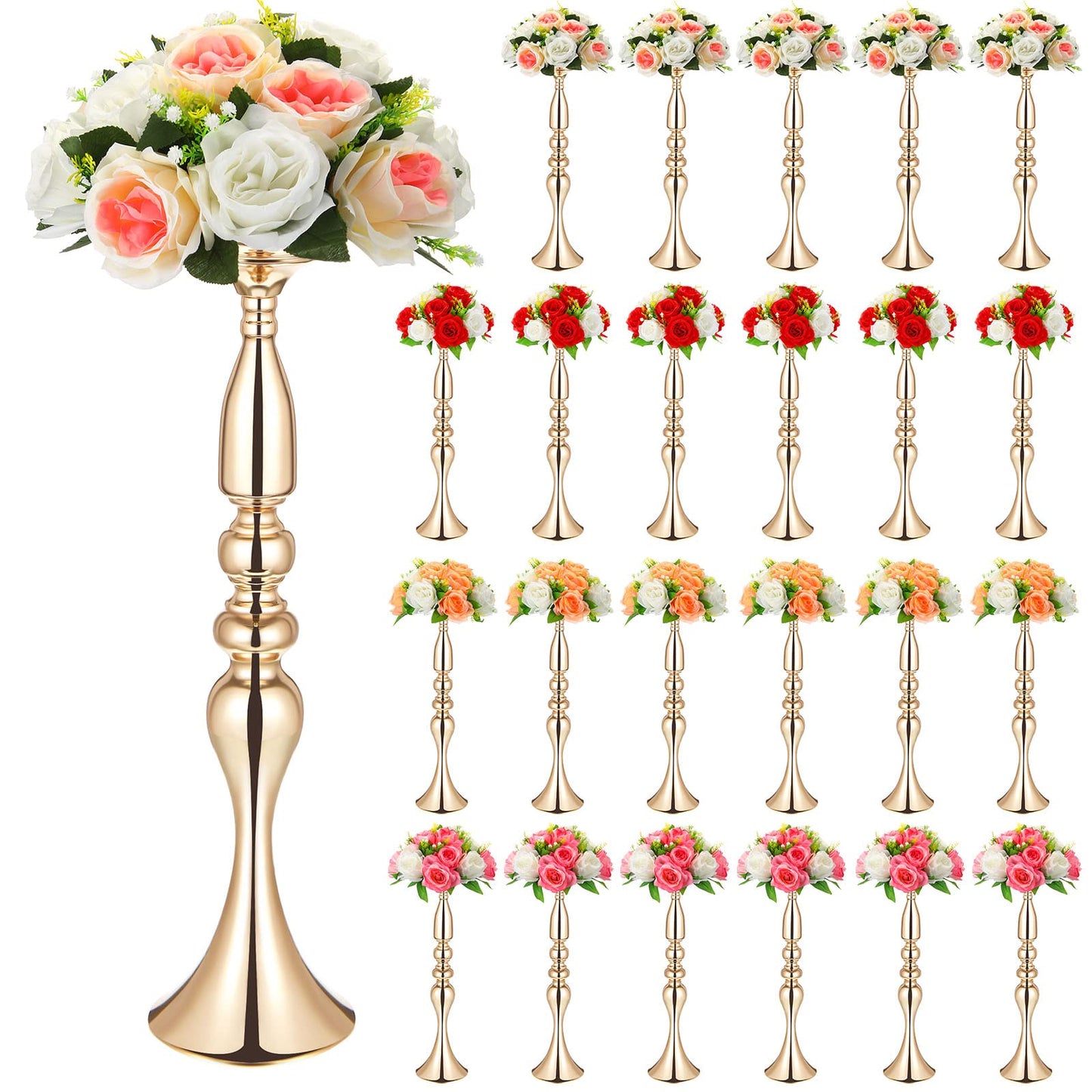 Rtteri 24 Pcs 20 Inch Tall Wedding Flower Stand Wedding Centerpieces for Table Metal Centerpiece Stand Flower Vase Floral Arrangement Holders for Reception Birthday Party Hotel Home Decoration (Gold)
