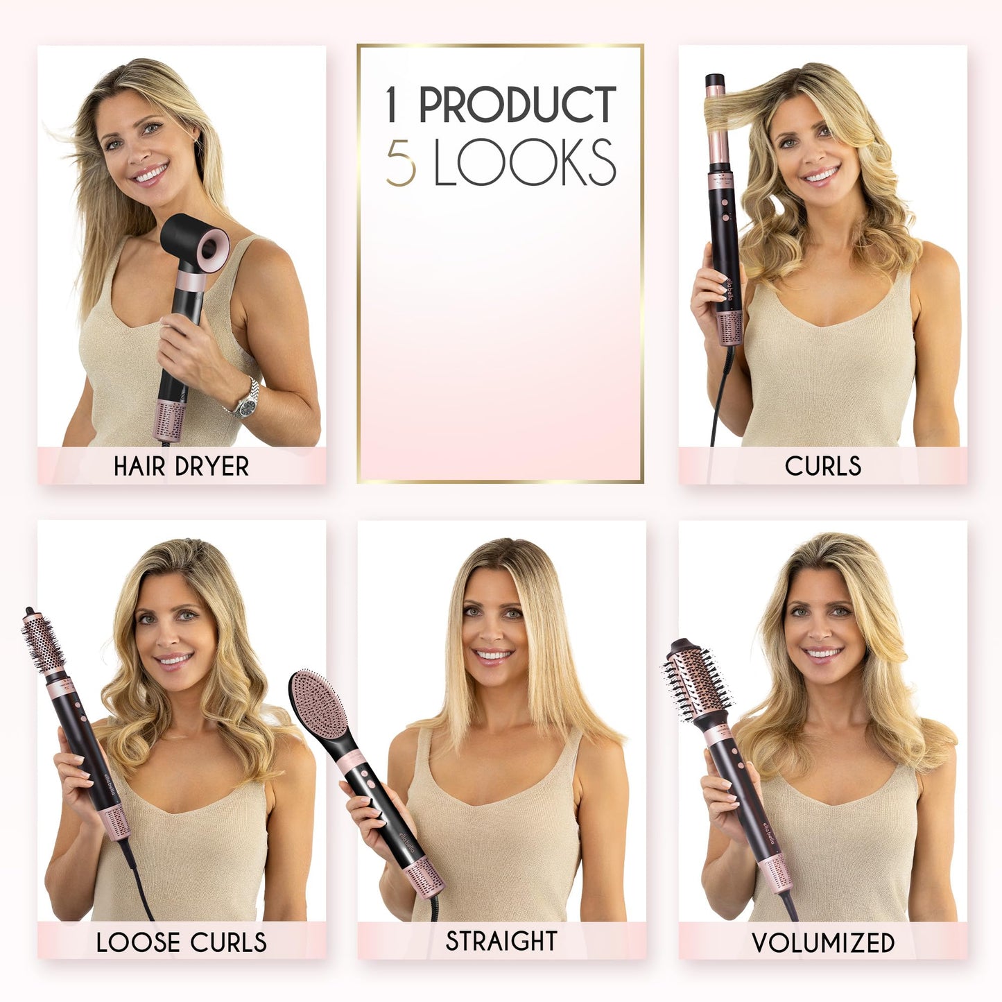 ELLA BELLA® 6 in 1 Professional Hot Air Styler • Powerful Hair Dryer & Straightener Set • Styling Without Heat Damage • Fast Drying Curling Volumizing Straightening • Includes Protective Travel Case