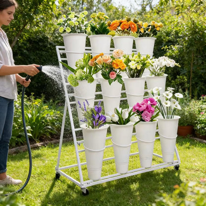 Flower Display Stands With Buckets, With 12pcs Buckets, 3-Tier Rolling Flower Bar,Heavy Duty Metal Flower Cart,For Indoor/Outdoor Use, Wedding Decor & Florist Displays (A - White frame, white bucket)