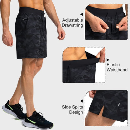 Soothfeel Men's Running Shorts with Zipper Pockets 7 Inch Lightweight Quick Dry Gym Athletic Workout Shorts for Men (Grey Camo, S)