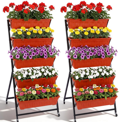 Briwooody 2 Pack 5 Tier Vertical Garden Planter with Wheels 4.5 ft Raised Garden Bed for Strawberry Herb Vegetable Flower Stackable Planter Boxes with Drainage for Patio Indoor Outdoor(Brick Red)