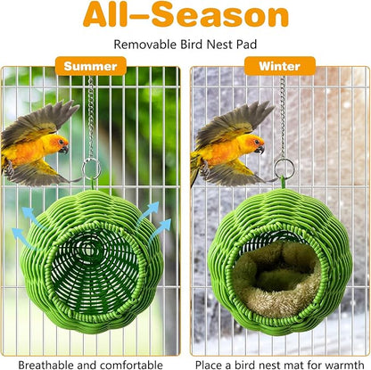 Rattan Birds Nest for Cage Hanging Parakeet House Chewproof Parrot Breeding Bed Small Budgies Hideout Swing Hut Bird Cage Accessories for Lovebirds Cockatiel Conure Finch Canary (Green)