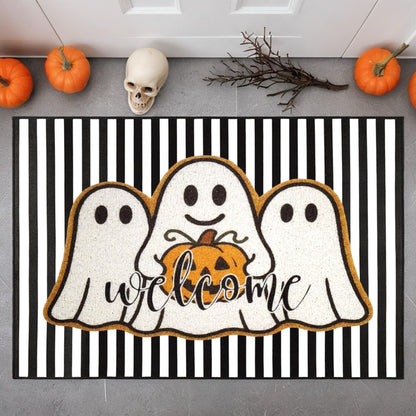 2 Pcs Halloween Welcome Door Mats, Ghost Outdoor Polypropylene Coir Mat with White Ghosts & Pumpkin, Black White Stripe Crystal Velvet Non-Slip Rug for Front Porch Entryway