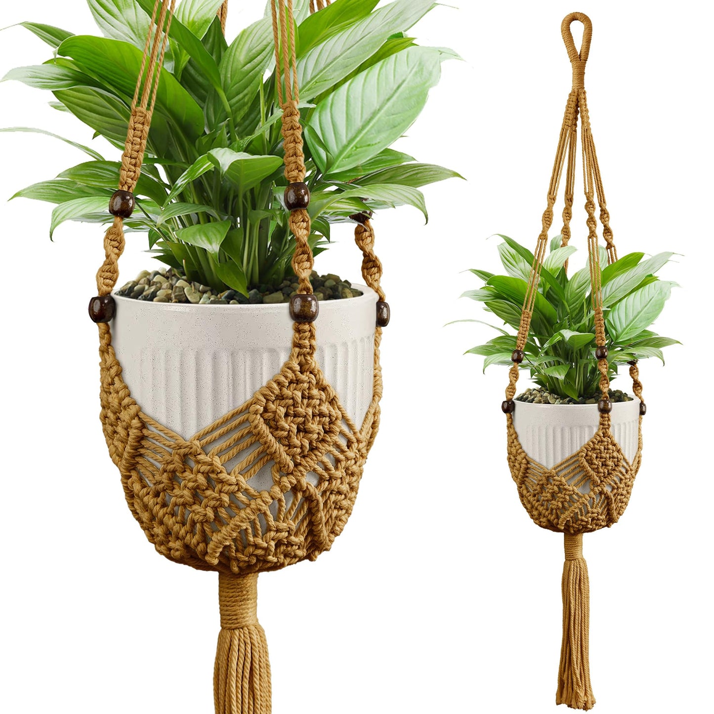 IDEEEPAN Macrame Plant Hanger - Fits 3 to 6 inches Pots for Indoor Outdoor, 35 Inch, Set of 2, Brown (POTS NOT Included)