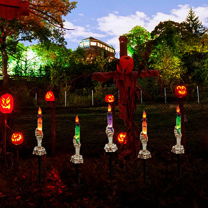 WATERGLIDE Halloween Candle Light Stakes, 5 Pack Skeleton Hands Hold Lighted Candle Pathway Makers, Waterproof Battery Operated with Timer, Light Up Figurine for Indoor Outdoor Holiday Party