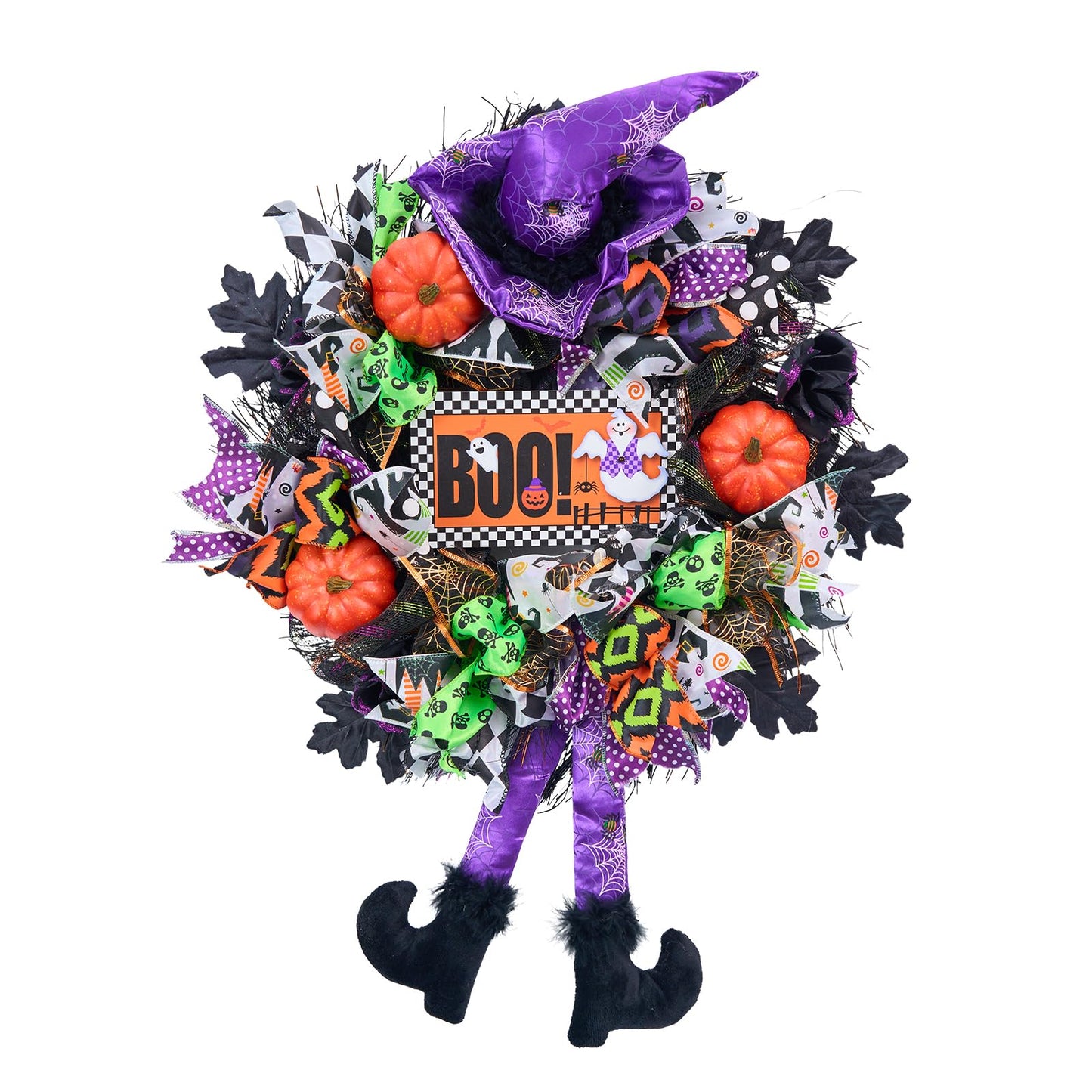 Vofuly Halloween Wreath, 20" Mesh, Orange, Green, Black, Copper, Witch Legs, Pumpkin & Witch, Fun Porch Decor