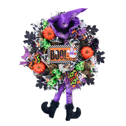 Vofuly Halloween Wreath, 20" Mesh, Orange, Green, Black, Copper, Witch Legs, Pumpkin & Witch, Fun Porch Decor
