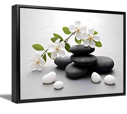 Framed Zen Stone Flower Canvas Wall Art Orchid Flower Black White Zen Stone Picture Wall Decor Still Life Poster Print Artwork for Bathroom Yoga Room Spa Room Meditation Room Office Home Decoration