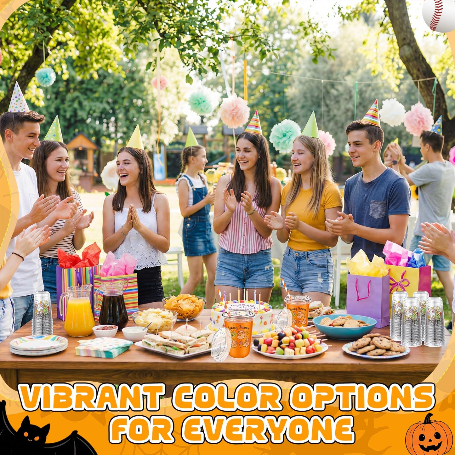 Rtteri 50 Sets Spooky Summer Plastic Cups with Lids and Straws 16 oz Disposable Clear Ghost Themed Cups Bulk for Iced Coffee Juice, Summer Halloween Birthday Party Decorations