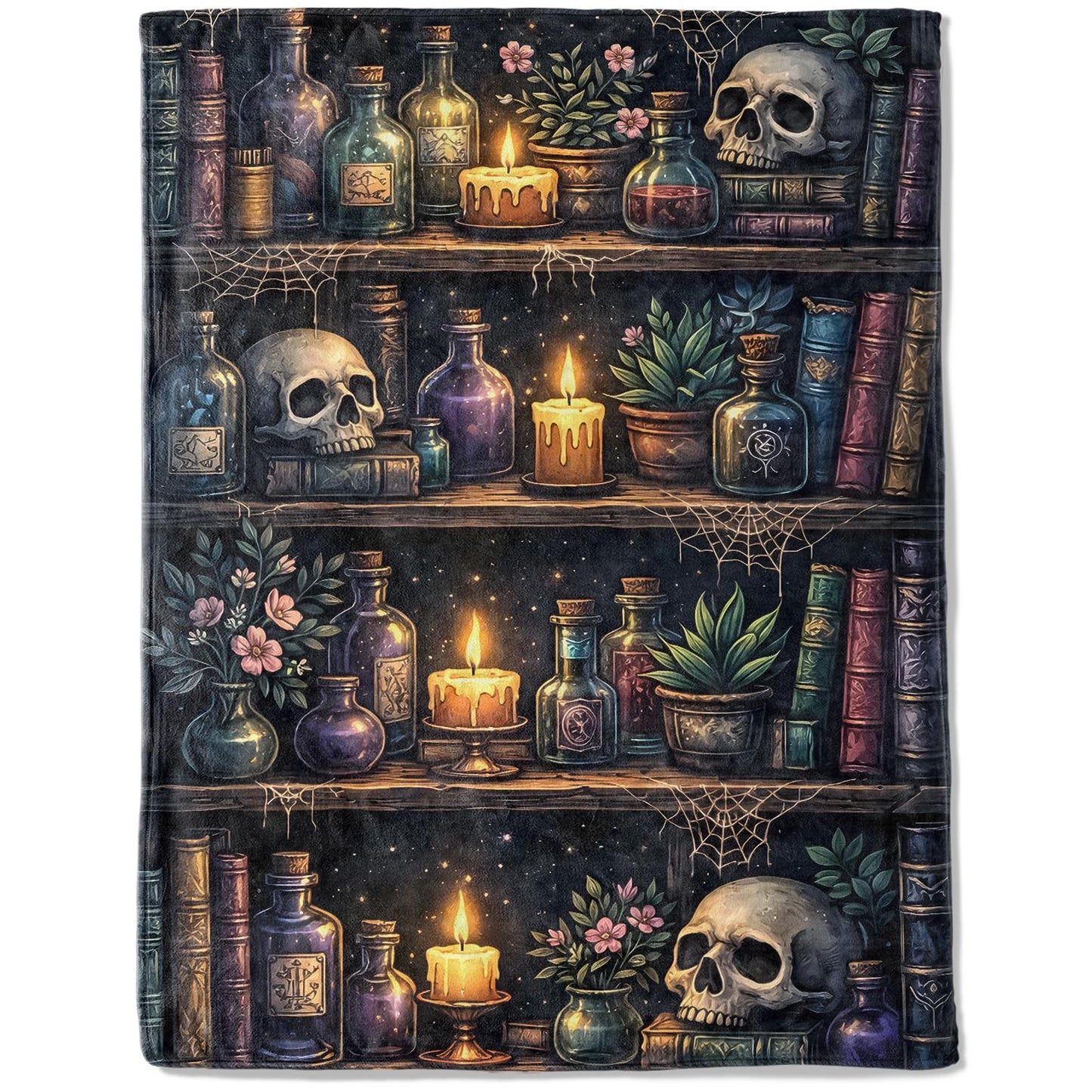 ainori Enchanted Skull Bookshelf Fleece Throw Blanket 50x60 Inch,Gothic Skeleton Potion Shelf Decorative Throws,Lightweight Blankets for Bedroom Library Halloween,Cozy Gifts for Readers Goth Lovers