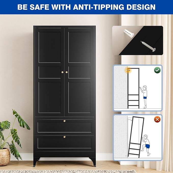 BYNSOE Metal Armoire Wardrobe Closet with 2 Drawers 71'' Wardrobe Cabinet with Drawers and Hanging Rail Metal Closet with Adjustable Shelves for Bedroom. (Black, with 2 Drawers)