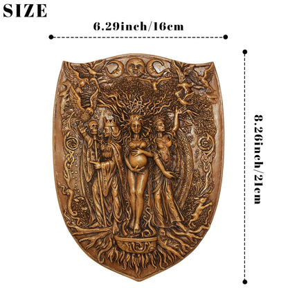 Pinra Triple Moon Wall Decor Pagan Wiccan Triple Goddess Maiden Mother Crone Shield Statue Celtic Wall Art Irish Feminism Gods Hanging Shield Wall Plaque Sculpture Khaki