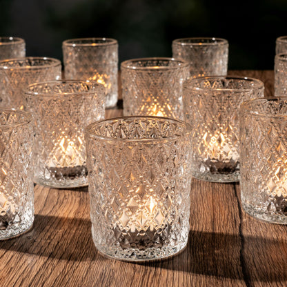 Romcanmy 12Pcs Votive Candle Holders, 2x2.5in Clear Glass Candle Holder with Embossed Diamond for Table Centerpieces, Elegant Small Crystal Tea Light Holders for Wedding Birthday Party Chirstmas Decor