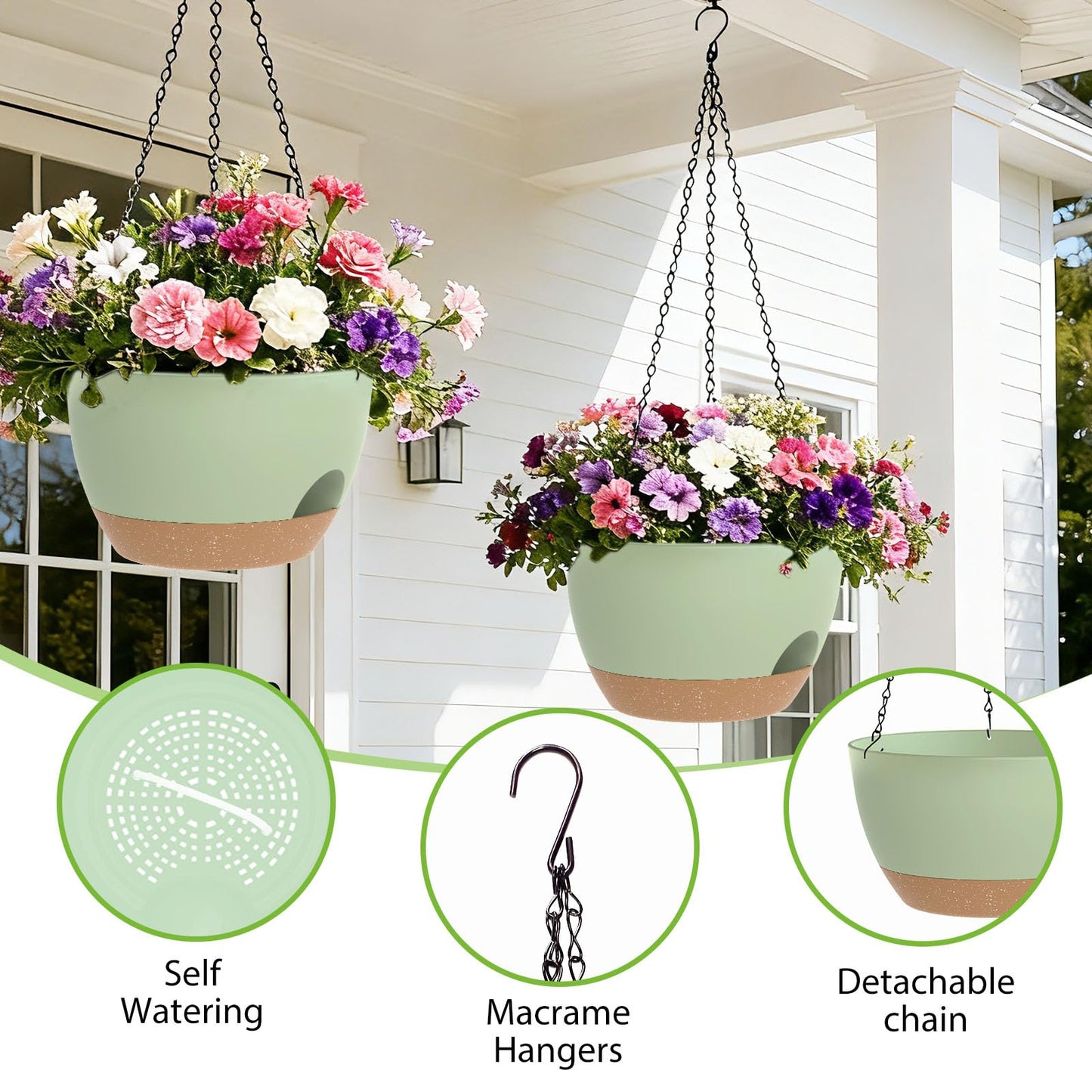 SQKH 8 Inch Hanging Planters for Indoor Outdoor Plants, 4 Pack Green Brown Plastic Self Watering Hanging Baskets with Drainage Holes and Chain for Garden Porch