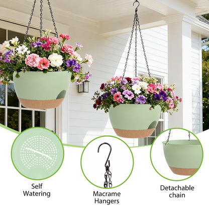 SQKH 8 Inch Hanging Planters for Indoor Outdoor Plants, 4 Pack Green Brown Plastic Self Watering Hanging Baskets with Drainage Holes and Chain for Garden Porch