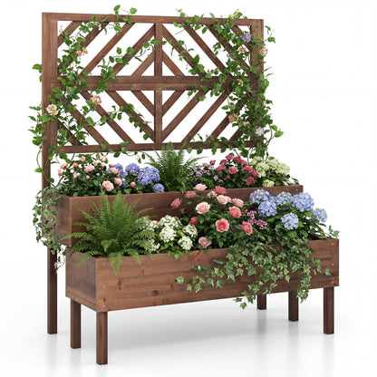 Giantex Raised Garden Bed with Trellis, 2-Tier Standing Planter Box with Legs and Drain Holes, Outdoor Elevated Garden Trellis for Vine Climbing, Flower Vegetable Fruit Herb Growing, Coffee Brown