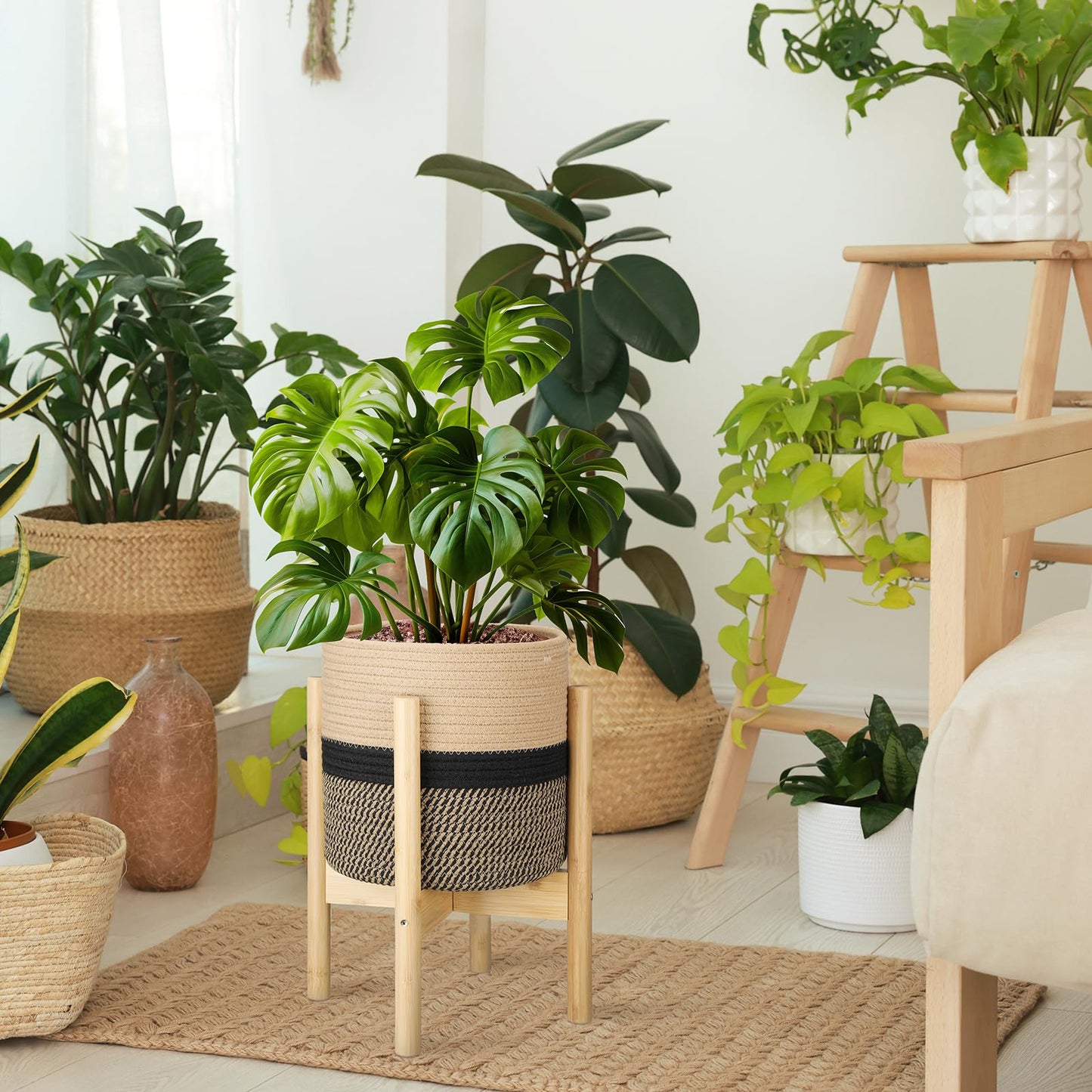 Sunnychicc Plant Basket with Stand Indoor Planter Pot Holder Sturdy Jute Rope Modern Woven Basket, Cotton Rope Woven Pot with Bamboo Stand(10 Inch,Black and Beige Stripes)