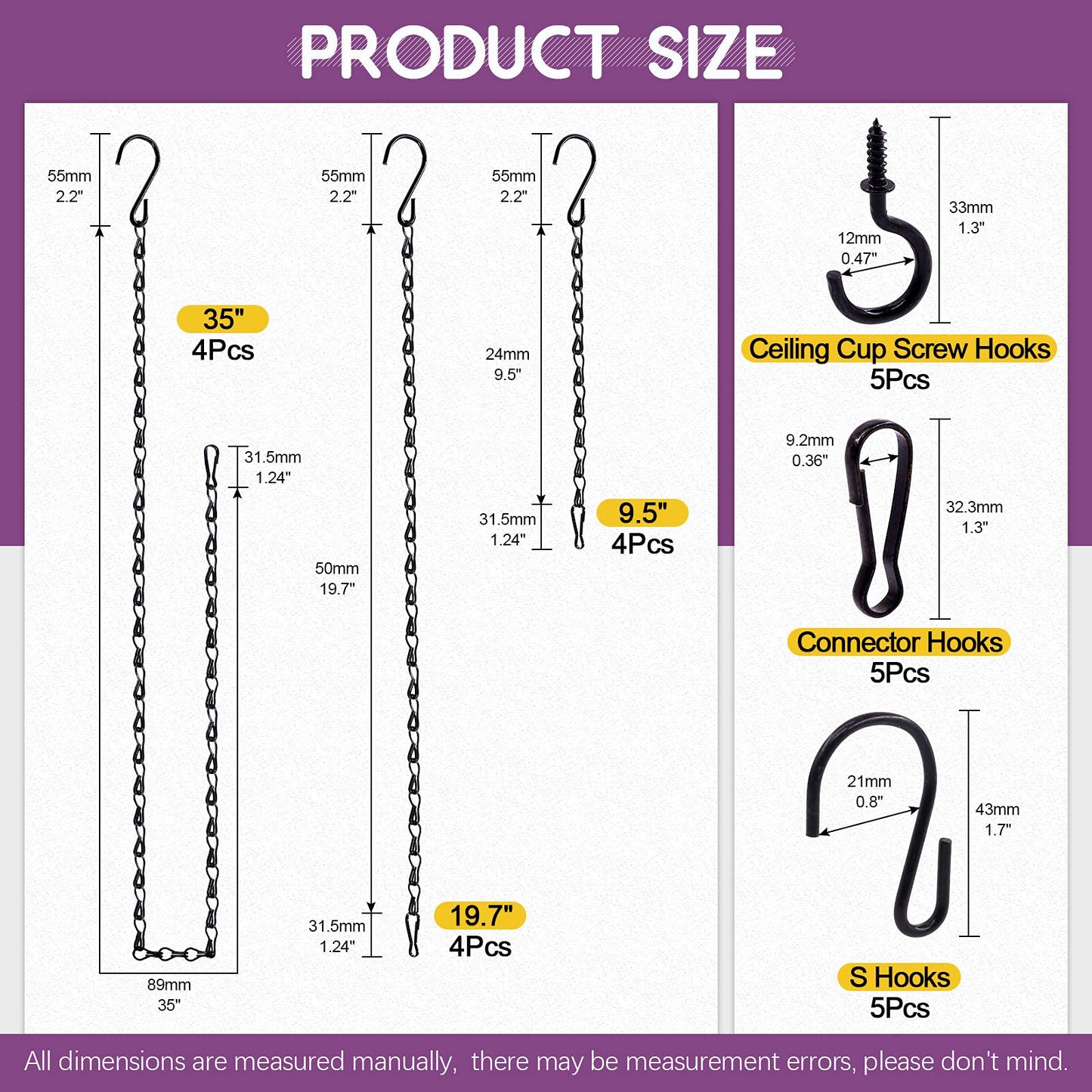 Swpeet 15Pcs Black 9.5 Inch Garden Plant Hangers Hanging Chain Assortment Kit, Garden Plant Hangers Hanging Basket Chains for Decorative