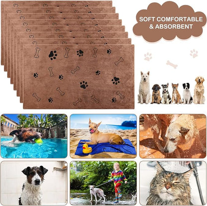 Chumia 8 Pcs Dog Towels for Drying Dogs Cats Pet Towels Bulk Puppy Microfiber Fast Drying Paw Bath Bathing Supplies Absorbent for Medium Pets(40 x 24 Inch,Dog Paw and Bone,Coffee)