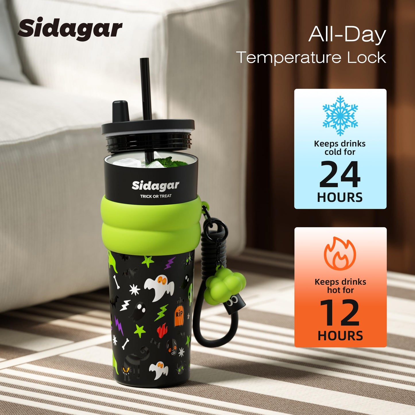 Sidagar 24 oz Tumbler with Lid and Straw, Insulated Coffee Mug Leak Proof, Portable Iced Travel Water Bottle, Reusable Thermal Coffee Cup, Gift for Women, Halloween