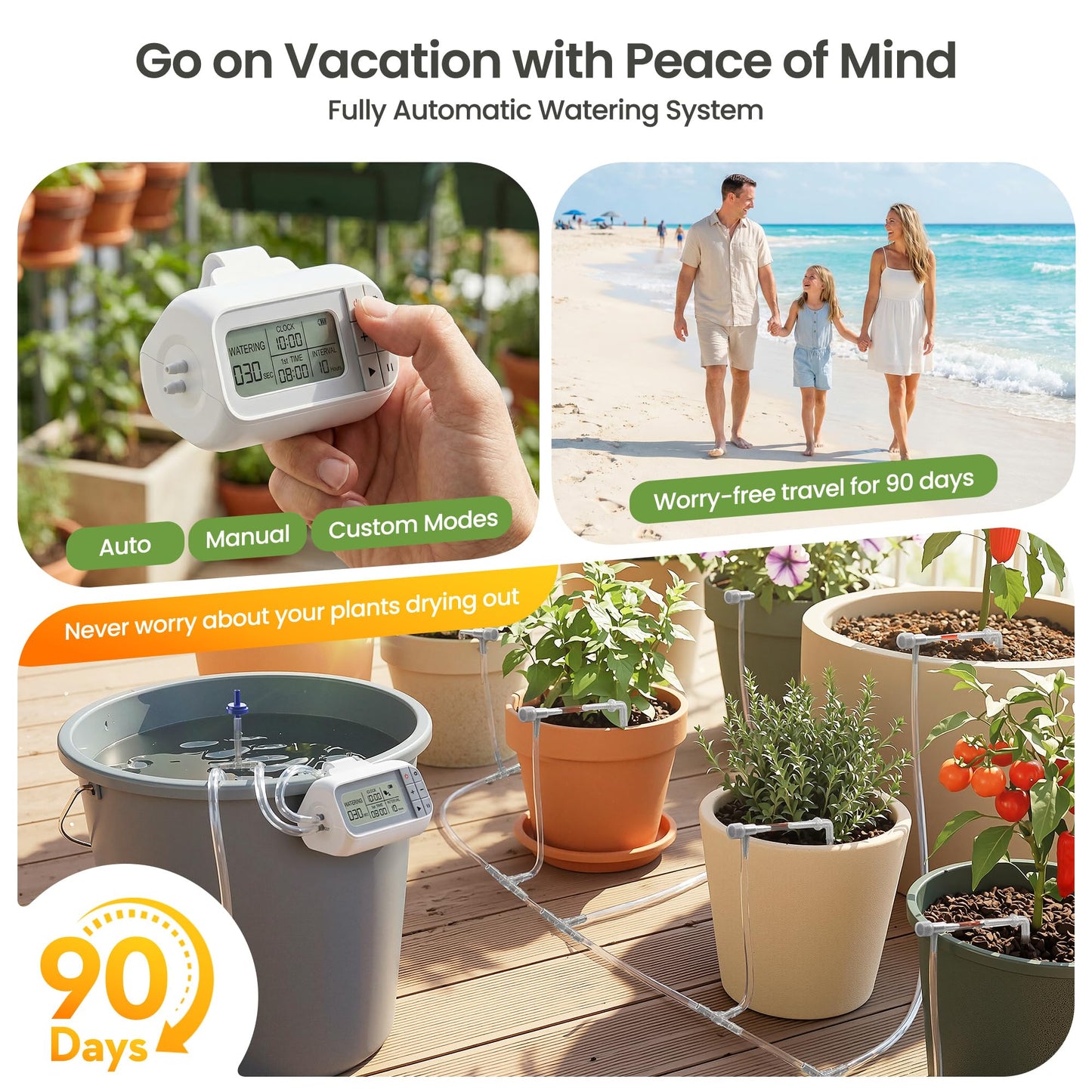 Noctila Automatic Drip Irrigation Kit, USB Rechargeable Auto Plant Watering System with Programmable Timer, Anti-Siphon Valve, DIY Irrigation System for up to 15 Outdoor/Indoor Potted Plants