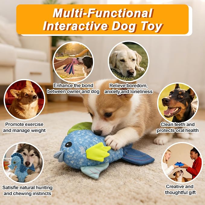 10.63" Recycled Canvas Fish Squeaky Dog Toy, Durable Stuffed Chew Toy for Puppy Teething, Interactive Play for Small Medium Large Dogs, Blue