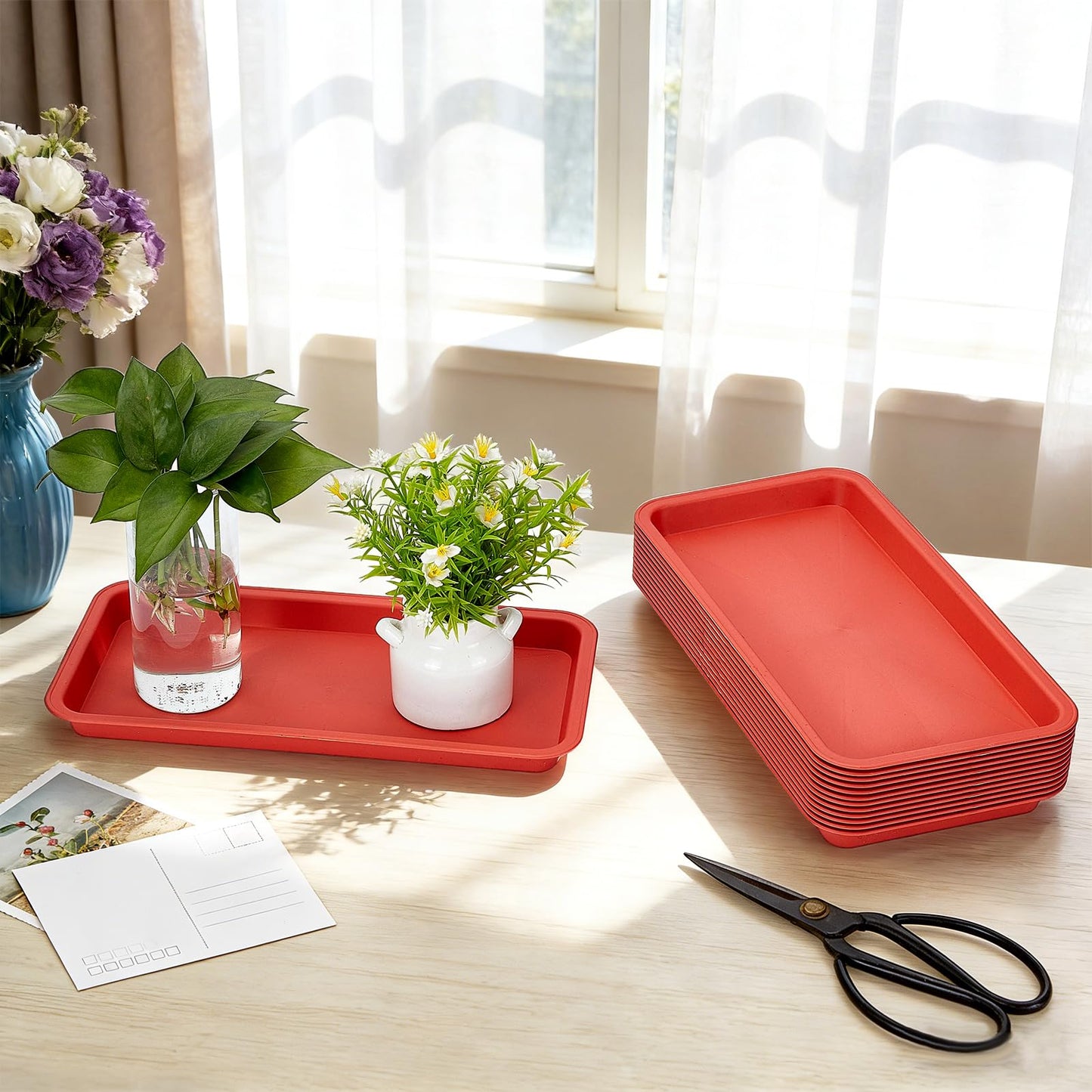 INTERWARM 22 Pcs Rectangular Planter Saucer Pans, Large Plastic Plant Drip Trays for Watering,Flower Pot Trays for Indoors Outdoors Garden Supplies (Indian Red, 13x6.7x0.83in)
