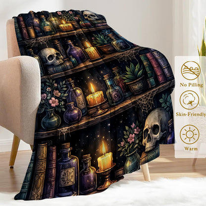 ainori Enchanted Skull Bookshelf Fleece Throw Blanket 50x60 Inch,Gothic Skeleton Potion Shelf Decorative Throws,Lightweight Blankets for Bedroom Library Halloween,Cozy Gifts for Readers Goth Lovers