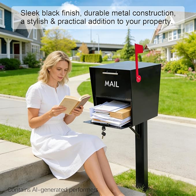 XL Post-Mount Mailbox, Weather Resistant, Large Outdoor Mailboxes, Galvanized Steel Heavy Duty Mailbox, Easy to Install, Flag Included, Anti-Theft Locking Mailbox with 2 Keys