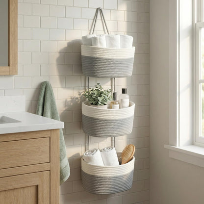 Wycoroy 3-Tier Woven Cotton Rope Hanging Basket, Over the Door Organizer, Adjustable Detachable Wall Basket with Metal & Adhesive Hooks, No Drilling for Farmhouse, Boho Home and Wall Decor