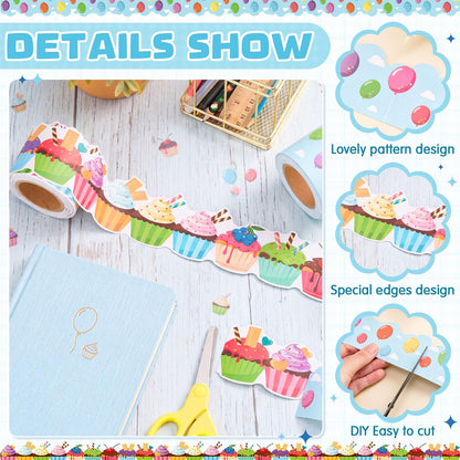 Trandraft 2 Rolls 65.6ft Balloons Cupcake Border Bulletin Board Decorations for Birthday Back to School Themed Party Classroom Decor School Home Office Chalkboard Wall Decors
