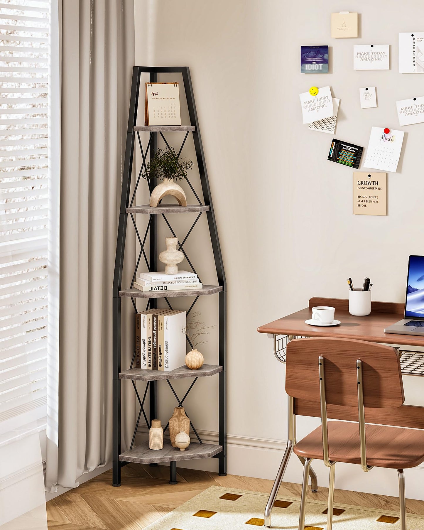 CHOEZON 5-Tier Corner Shelf, Corner Bookshelf, Ladder Shelf, Floor Standing Storage Rack, Open Display Stand, Plant Stand, for Living Room, Bedroom, Study, Bathroom, Greige and Black TCJ22BG