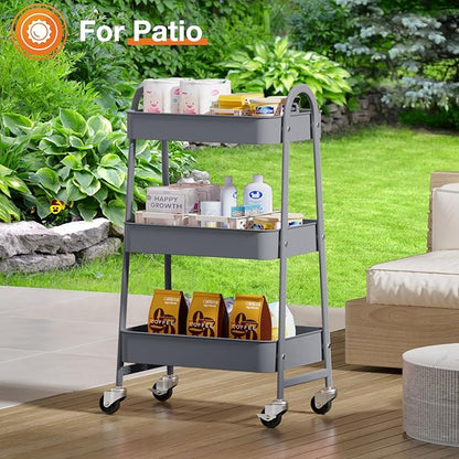NEWBULIG 3-Tier Metal Rolling Cart with Lockable Wheels, Heavy Duty Mobile Utility Storage Shelf, Roller Book Snack Cart, Organization for Livingroom, Bathroom, Office, Grey