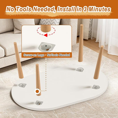Coffee Table Low Table with Solid Wood Legs, 31.5x19.7 Large Coffee Table Side Table, Floor Table Desk for Sitting on The Floor, Living Room Furniture for Office Apartment Home, Oval White