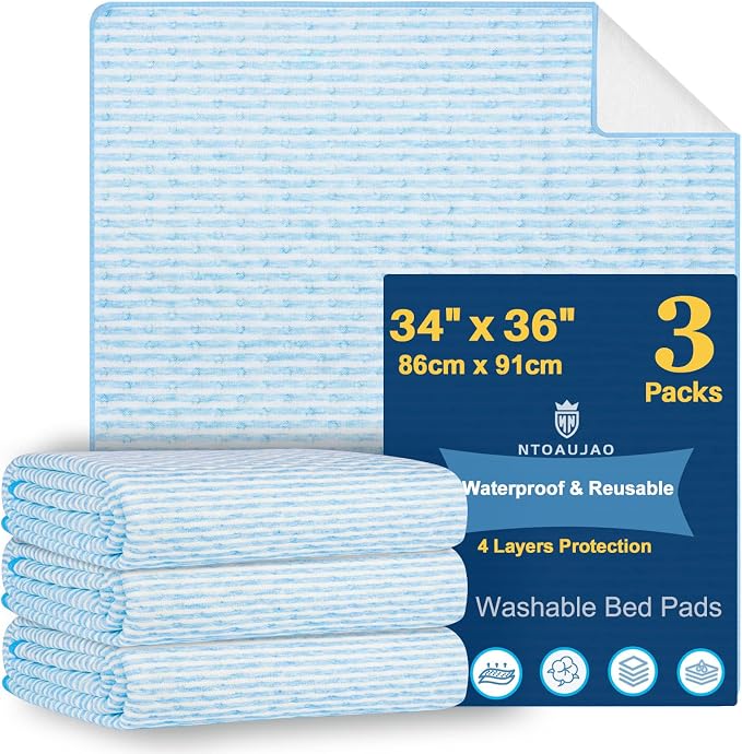 Bed Pads for Incontinence Washable, 3 Packs 36x34 Inch Reusable Waterproof Soft Wetting Pee Underpad for Adults, Elderly, Seniors, Women, Kids & Pets, Machine Washable Pad for Bed, Sofa-Blue
