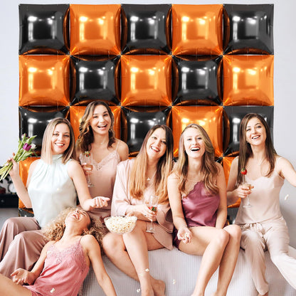 NISOCY 25PCS Halloween Black Orange Square Foil Balloons Wall Backdrop Double Sided Black Orange Balloons Arch Kit for Birthday Graduation Baby Shower Anniversary Party Decorations