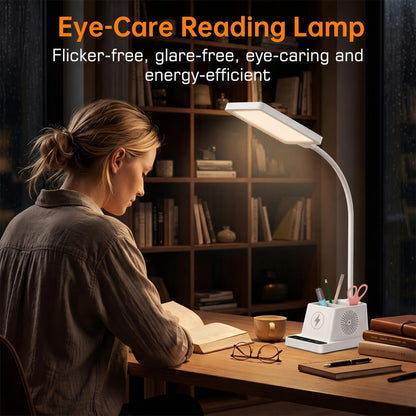 cozoo Desk Lamp, LED Desk Lamps for Home Office with 15W Wireless Charger/Organizer,Desk Lamp for College Dorm Eye-Caring Study Light,Gooseneck Table Lamp with Pen Holders/Storage,12 Lighting Modes