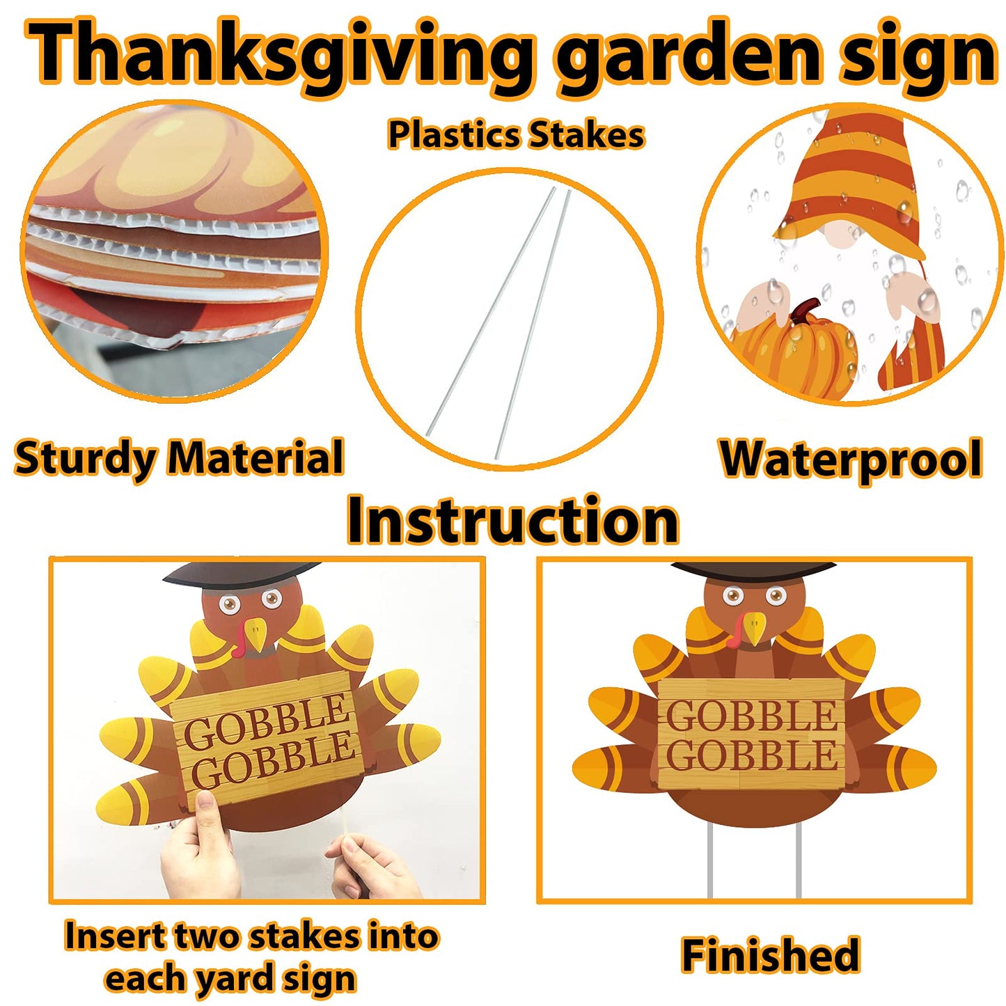 Thanksgiving Yard Signs Stakes - 6PCS Fall Outdoor Decorations - Maple, Squirrel, Turkey, Gnome, Pumpkin Corrugated Lawn Signs for Outside
