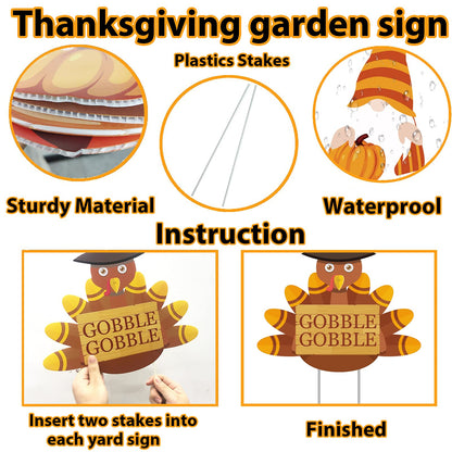 Thanksgiving Yard Signs Stakes - 6PCS Fall Outdoor Decorations - Maple, Squirrel, Turkey, Gnome, Pumpkin Corrugated Lawn Signs for Outside