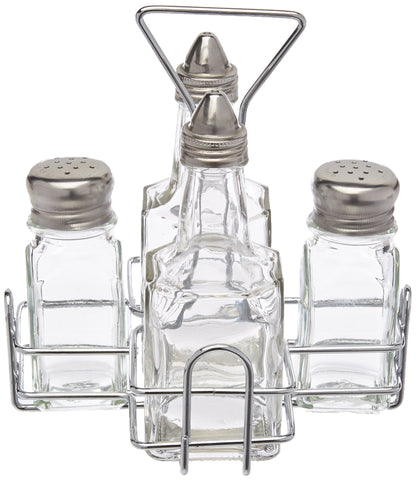 New Star Foodservice 22209 Glass Salt and Pepper Shaker Set with Holder and Oil and Vinegar Cruets, Stainless Steel Gold Plated Top, 0.5-Ounces
