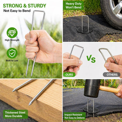 Garden Stakes,6 Inch 11 Gauge 50pcs Galvanized Landscape Staples + 50pcs Gaskets + 1Pick Hook, U-Shaped Heavy Duty Ground Stakes for Weed Barrier Fabric, Turf, Sod, Ground Cover