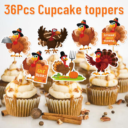 36Pcs Thanksgiving Cupcake Toppers Friendsgiving Turkey Cupcake Toppers Thanksgiving Cake Decorations Friendsgiving Cake Toppers