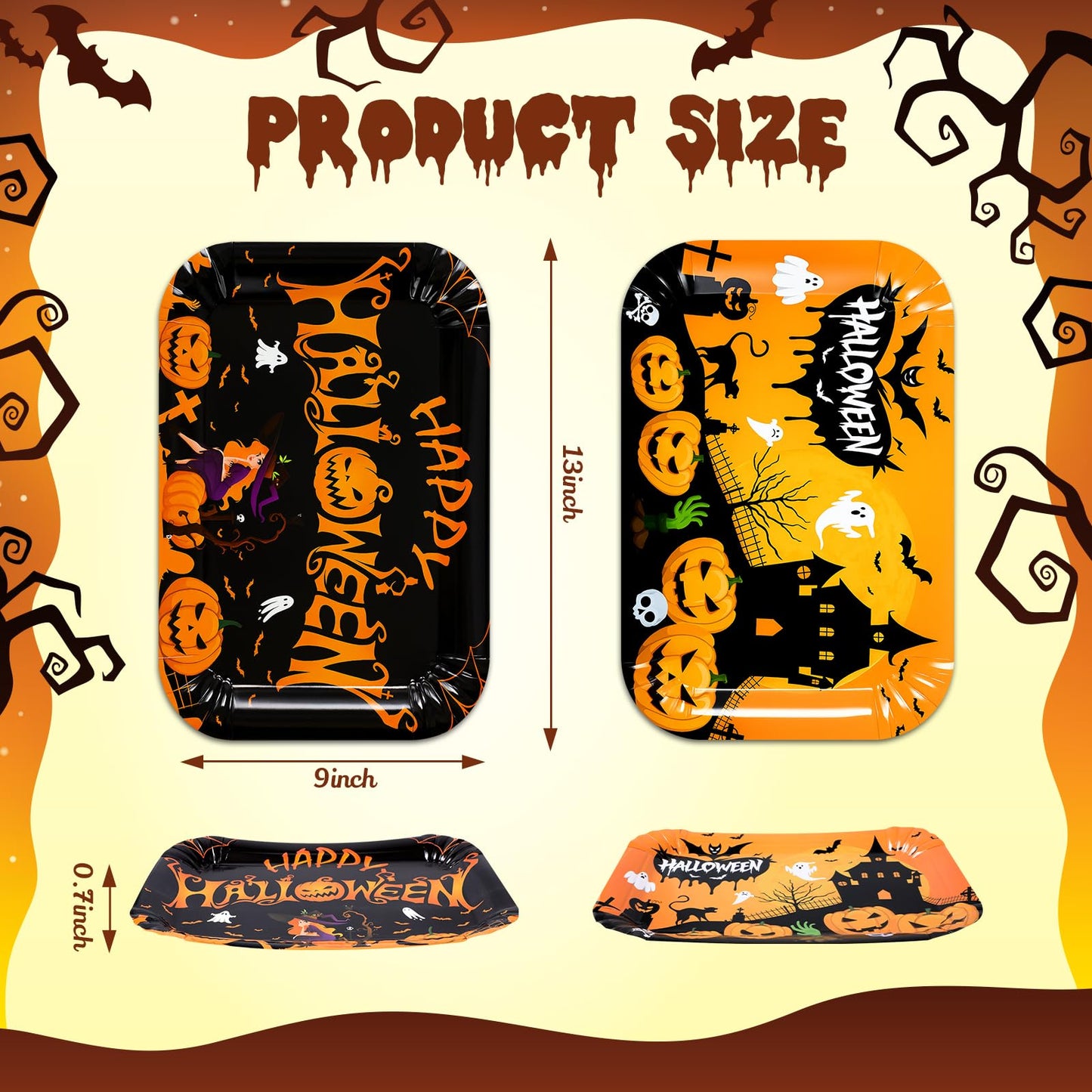Maitys 12 Pcs Halloween Serving Trays 13 x 9 Inch Large Paper Food Trays Black Orange Pumpkin Bat Ghost Dessert Cupcake Platters for Halloween Movie Night Birthday Party Supplies Table Decorations