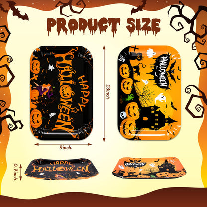 Maitys 12 Pcs Halloween Serving Trays 13 x 9 Inch Large Paper Food Trays Black Orange Pumpkin Bat Ghost Dessert Cupcake Platters for Halloween Movie Night Birthday Party Supplies Table Decorations