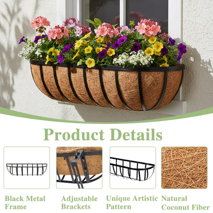 24 Inch Railing Planter Window Box Deck Balcony Rail Planter with Coco Liner Metal Wall-Mounted Coconut Liner Planter Basket English Horse Trough Planters for Outdoor Balcony Porch Fence (2 Pack)