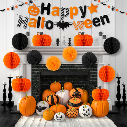 VinTS Happy Halloween Party Decoration,Black Orange Halloween Banner with Hanging Swirls,Circle Confetti Dots,Honeycomb Ball,Tissue Paper PomPoms for Wall Window Indoor Decor