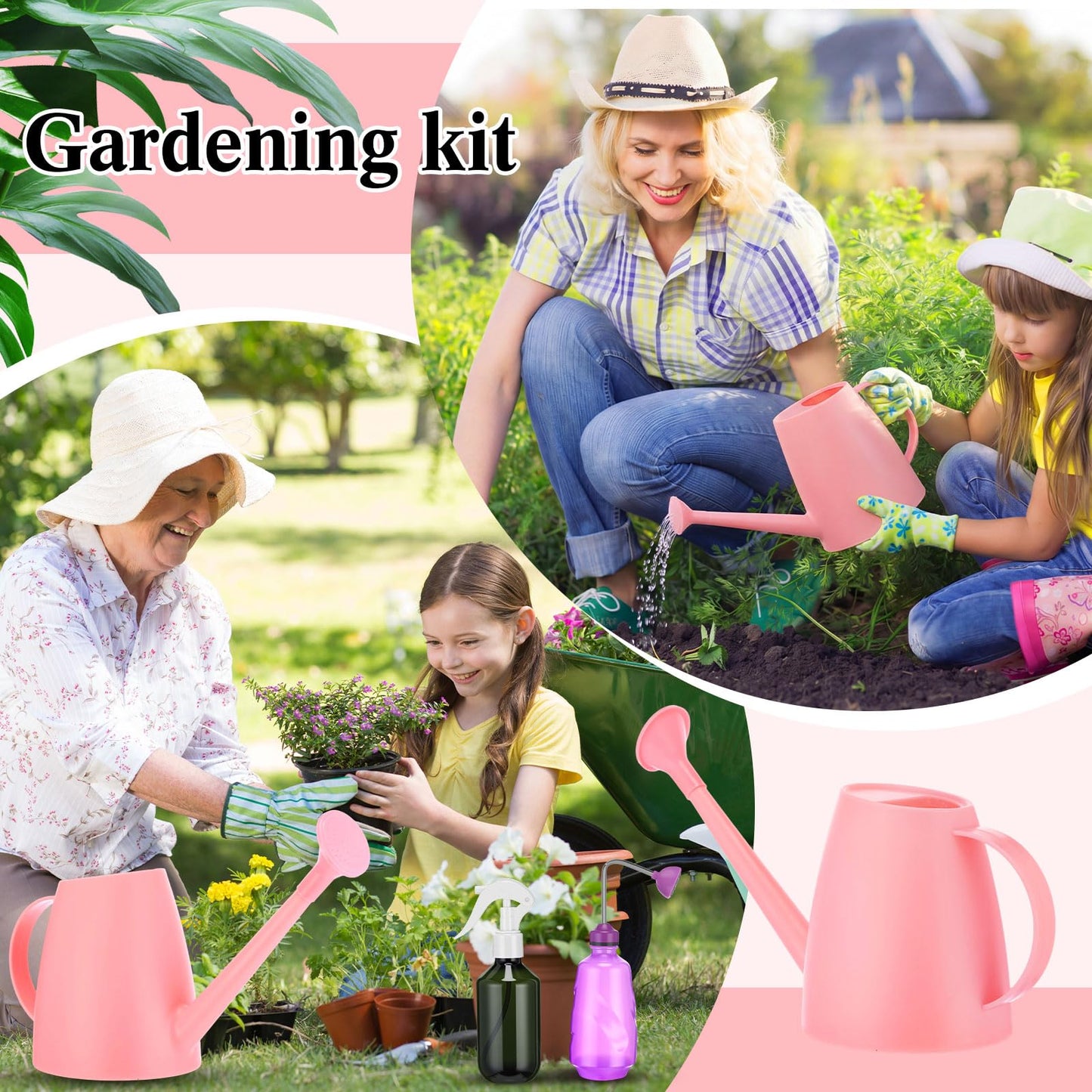 Reallnaive 1/2 Gallon Long Spout Watering Can Set for Indoor & Outdoor Plants – Includes Spray Bottle, Squeeze Bottle, Watering Globes & Soil Moisture Meter for Garden & House Plants(Pink)