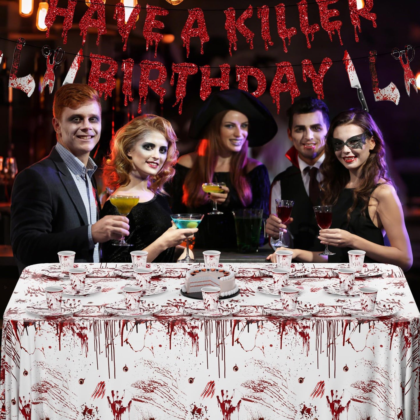 MEHOFOND Killer Birthday Decoration, 194PCS Halloween Scream Party Tableware Decorations Include Have a Killer Banner Bloody Hand Print Plates Napkins Tablecloth for Horror Themed Birthday Supplies