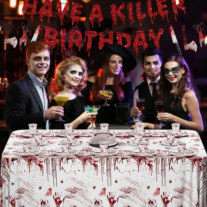 MEHOFOND Killer Birthday Decoration, 194PCS Halloween Scream Party Tableware Decorations Include Have a Killer Banner Bloody Hand Print Plates Napkins Tablecloth for Horror Themed Birthday Supplies